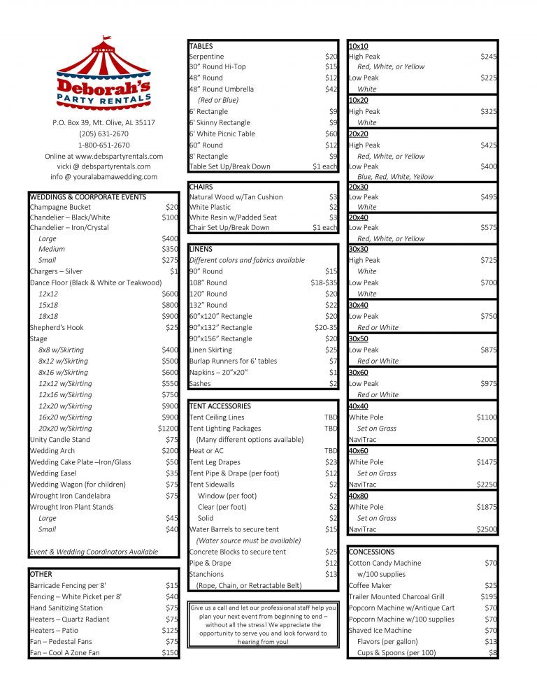 Price List Deborah s Party Rentals